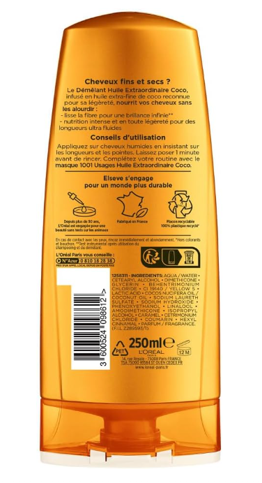 L'Oréal Paris - Démêlant Nutrition Haute-Légèreté Pour Cheveux Fins et Secs - Cheveux Brillants - Huile Extra Fine de Coco - Elseve Huile Extraordinaire - 250 ml
