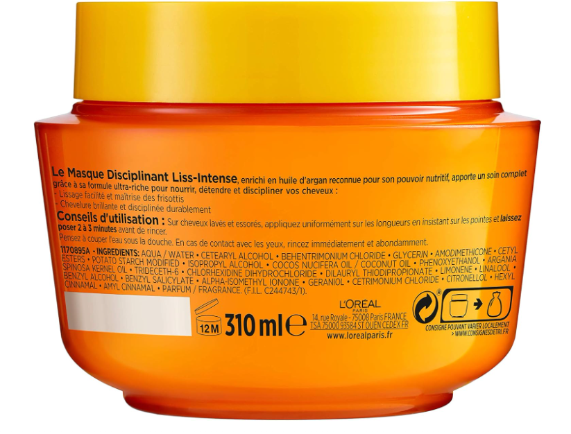 L’ORÉAL PARIS - Masque Disciplinant - Cheveux Difficiles à Lisser et Secs - Enrichi en Huile d'Argan - Elseve Liss-Intense - 310 ml