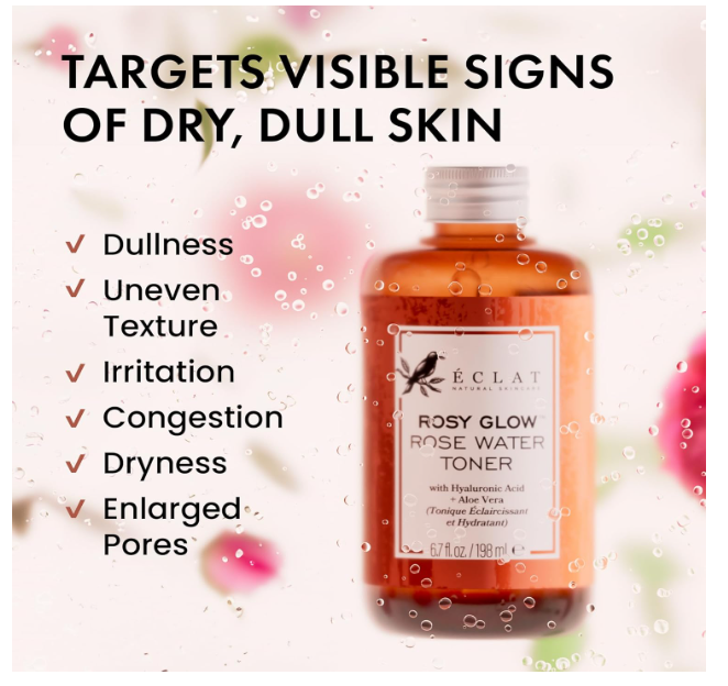 Lotion tonique à l'eau de rose Eclat Skincare – Lotion tonique hydratante pour le visage – Eau de rose à l'acide hyaluronique et à l'aloe vera – Formule sans alcool et apaisante pour la peau – Soin du visage rajeunissant et calmant