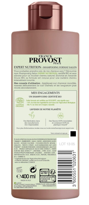 FRANCK PROVOST Expert Nutrition Shampoing Professionnel Certifié Bio 400 ml