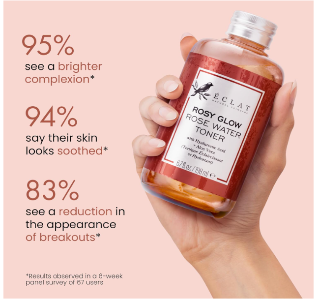 Lotion tonique à l'eau de rose Eclat Skincare – Lotion tonique hydratante pour le visage – Eau de rose à l'acide hyaluronique et à l'aloe vera – Formule sans alcool et apaisante pour la peau – Soin du visage rajeunissant et calmant
